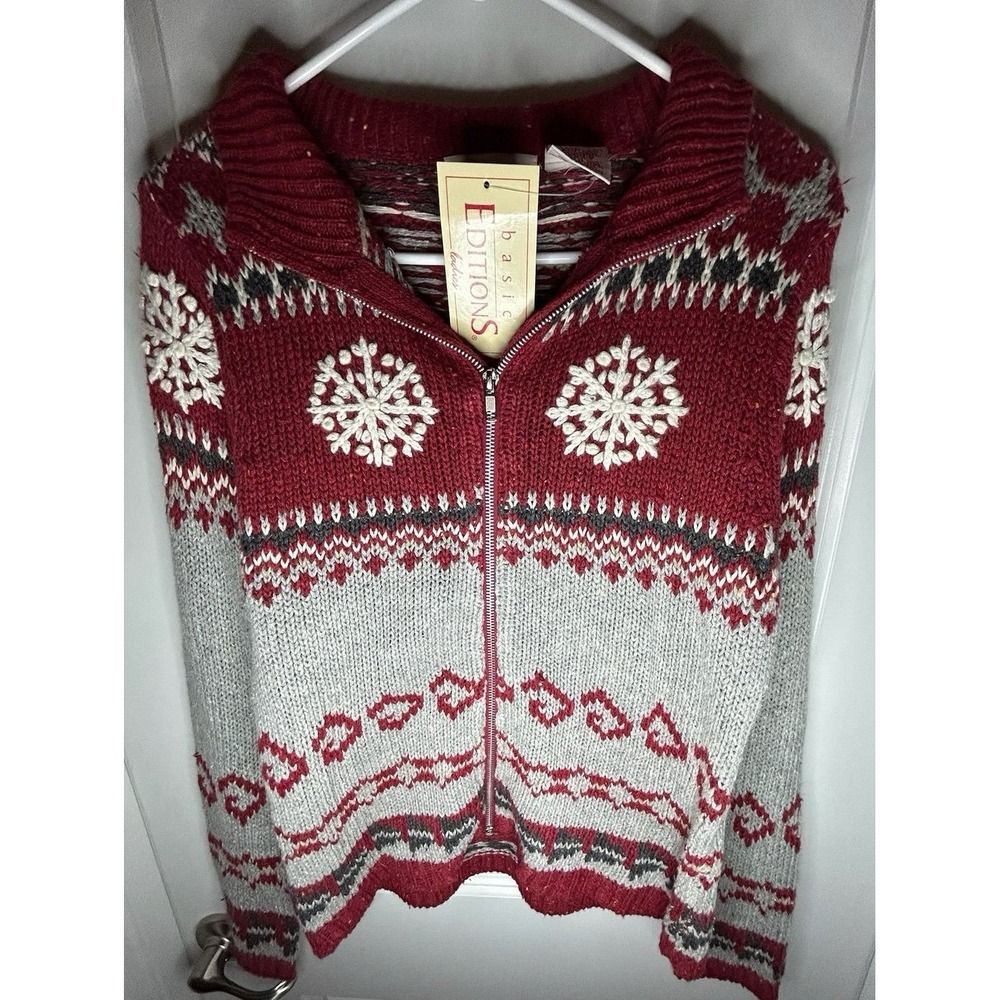 Vintage 90's Basic Editions Knitted Holiday Snowflake Christmas Full Zip Sweater